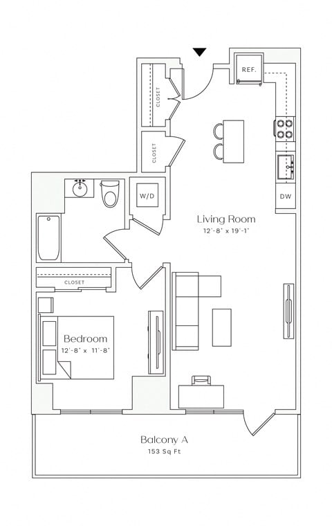 Floor plan for 1 bed, 1 bath, 835 sqft
